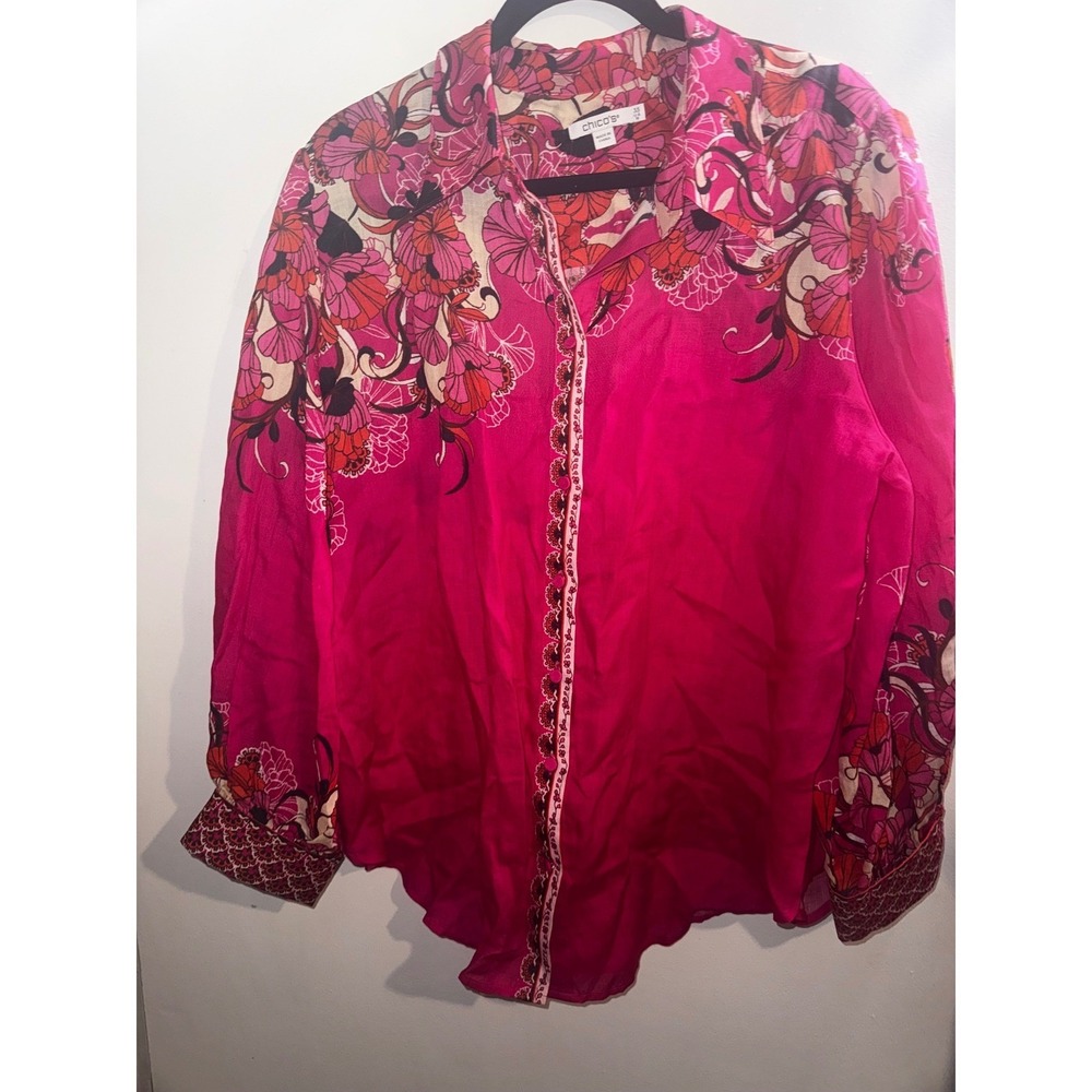 Chico's Pink Floral Ramie Lyocell Button Up Blouse Top Size 3.5 XL US 18